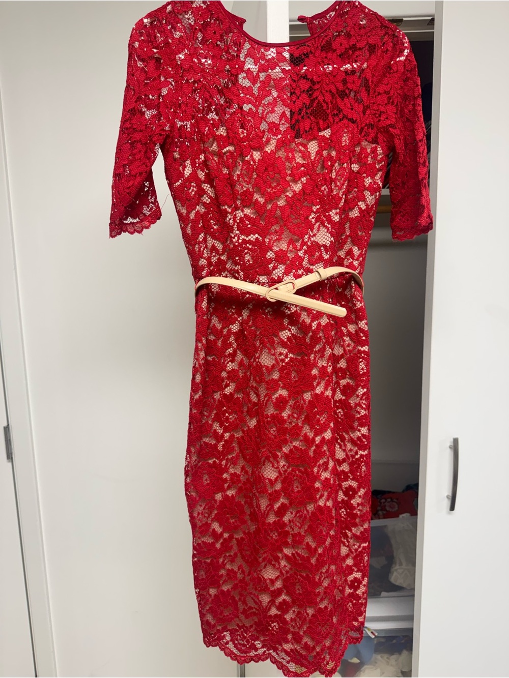 Maggy London Red Lace Midi Dress with Cream Belt